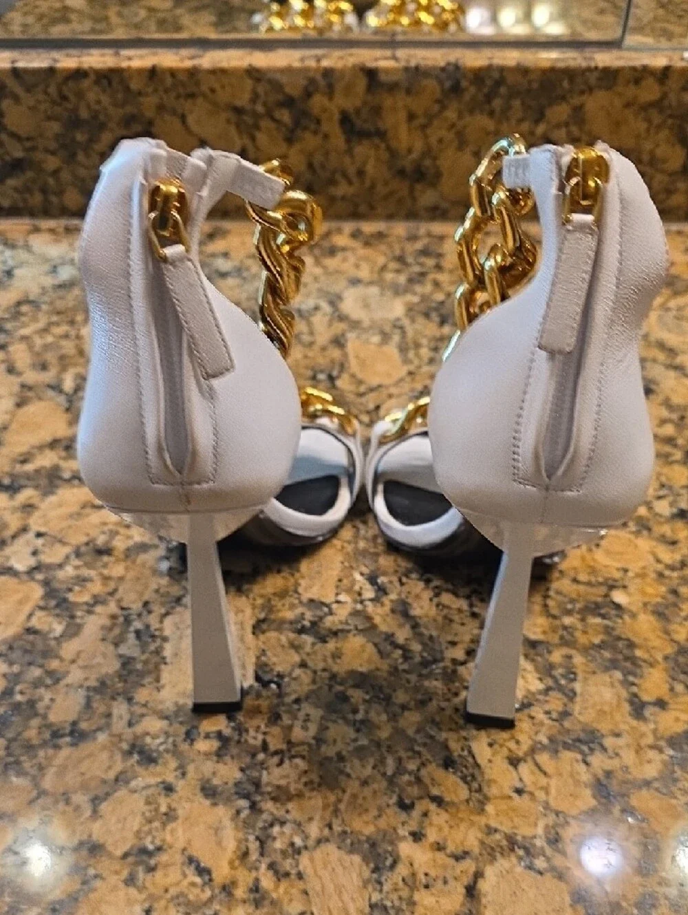 Versace White Heeled Sandals with Gold Chain Accents - Picture 6 of 12